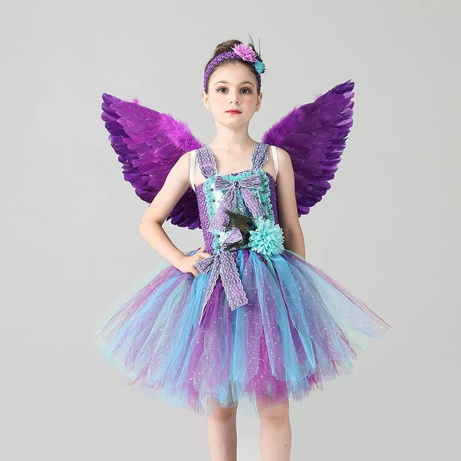 Halloween cosplay costumes Girl's Fashion Feather Peacock Princess Skirt Rainbow Fairy Wing Dress Carnival Birthday Banquet Halloween Stage Performance Dress