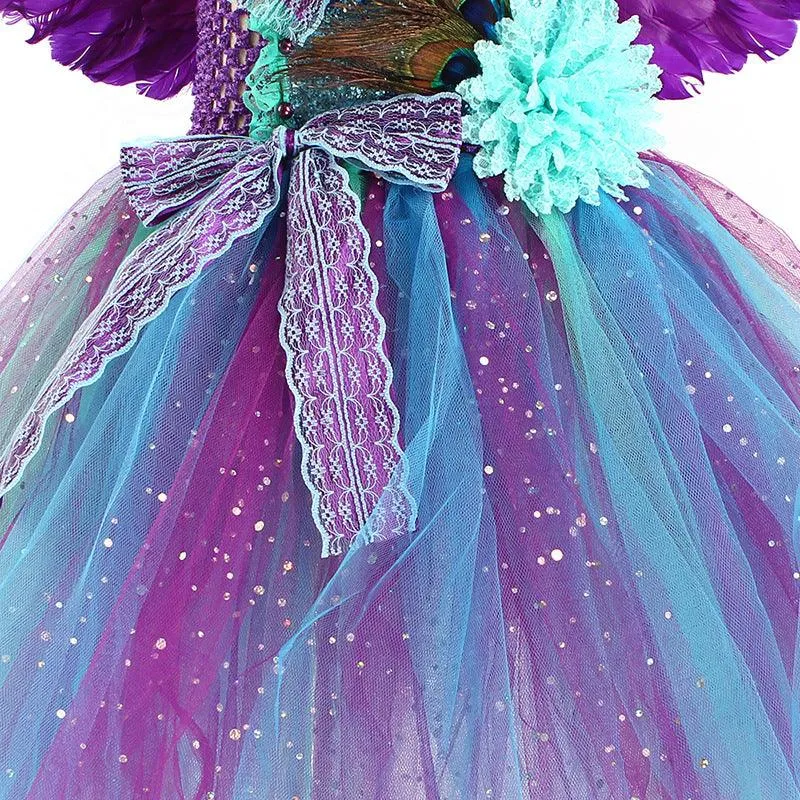 Halloween cosplay costumes Girl's Fashion Feather Peacock Princess Skirt Rainbow Fairy Wing Dress Carnival Birthday Banquet Halloween Stage Performance Dress