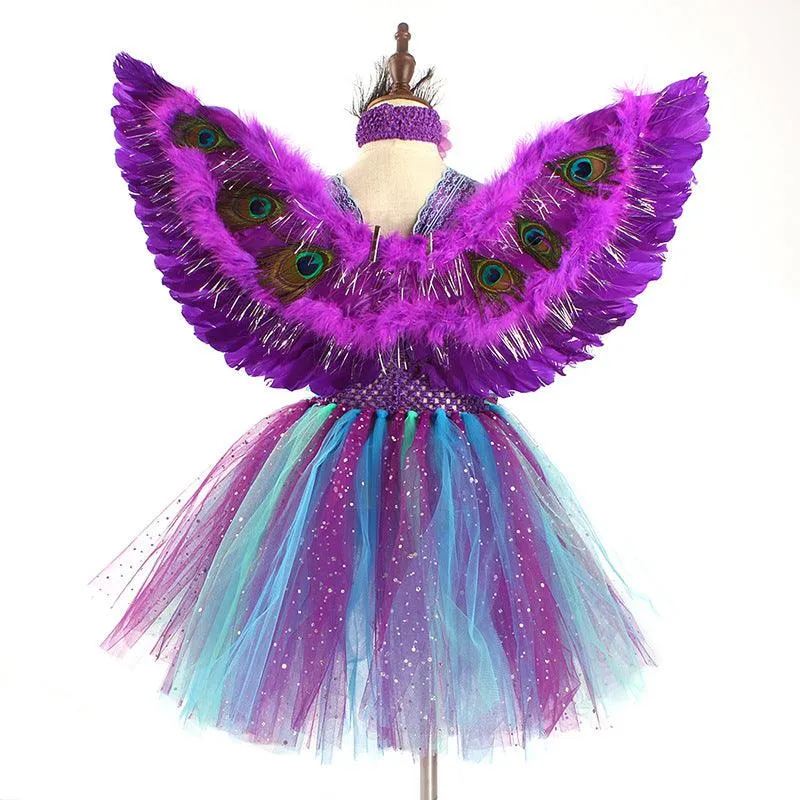 Halloween cosplay costumes Girl's Fashion Feather Peacock Princess Skirt Rainbow Fairy Wing Dress Carnival Birthday Banquet Halloween Stage Performance Dress