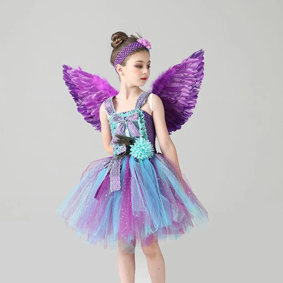 Halloween cosplay costumes Girl's Fashion Feather Peacock Princess Skirt Rainbow Fairy Wing Dress Carnival Birthday Banquet Halloween Stage Performance Dress