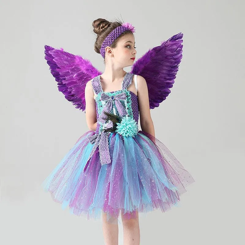 Halloween cosplay costumes Girl's Fashion Feather Peacock Princess Skirt Rainbow Fairy Wing Dress Carnival Birthday Banquet Halloween Stage Performance Dress