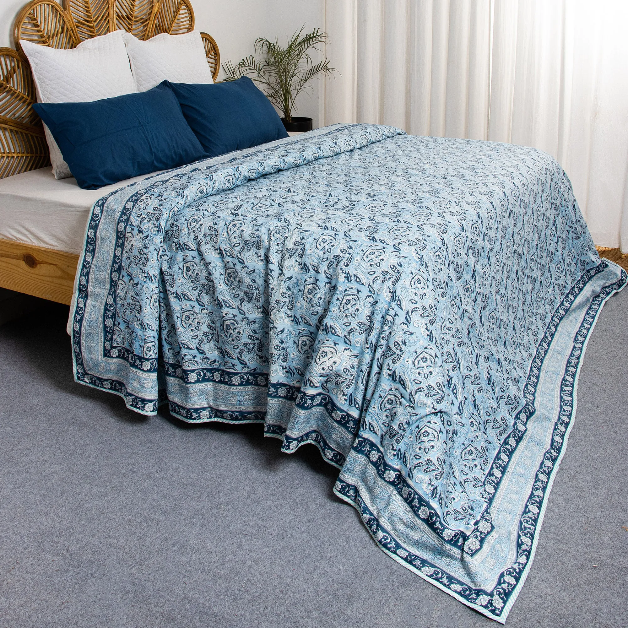 Hand Block Floral Printed Cotton Dohar Blanket Lightweight