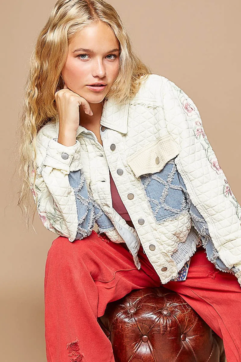 Hot Girl Embroidered Sleeve Raw Edge Quilted Jacket In Ivory