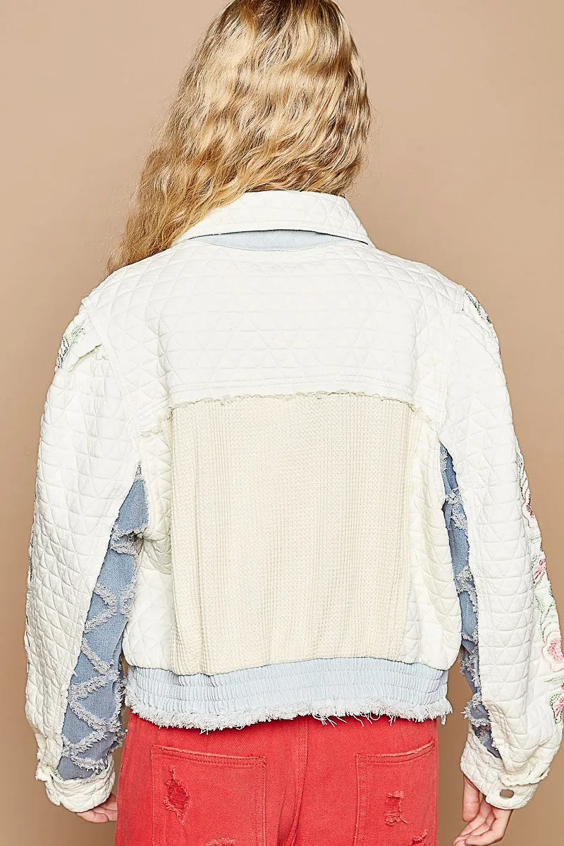 Hot Girl Embroidered Sleeve Raw Edge Quilted Jacket In Ivory