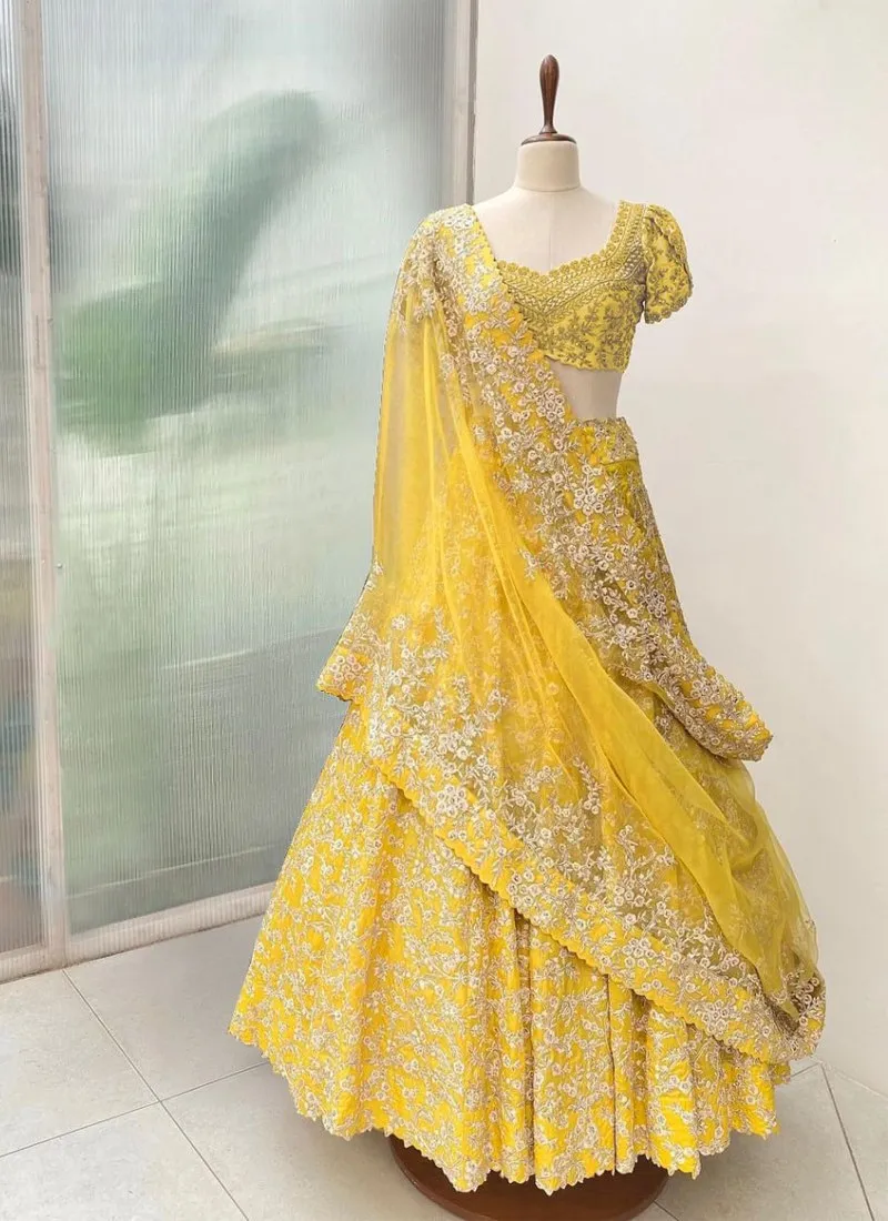 Jalpari Silk Yellow Lehenga Choli Set with Embroidered Blouse, Dupatta & Lehenga