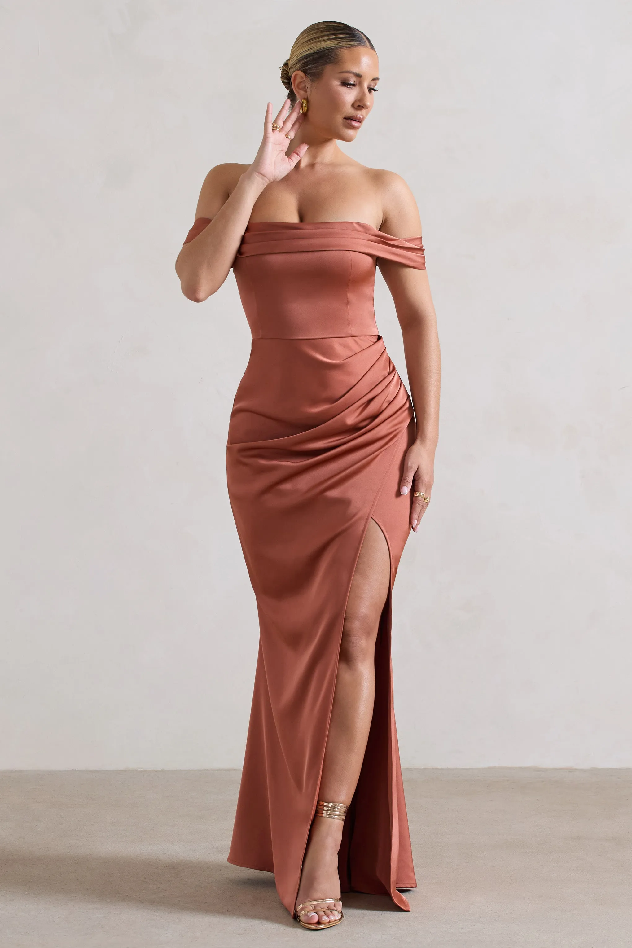 Katia | Rust Satin Bardot Fishtail Maxi Dress