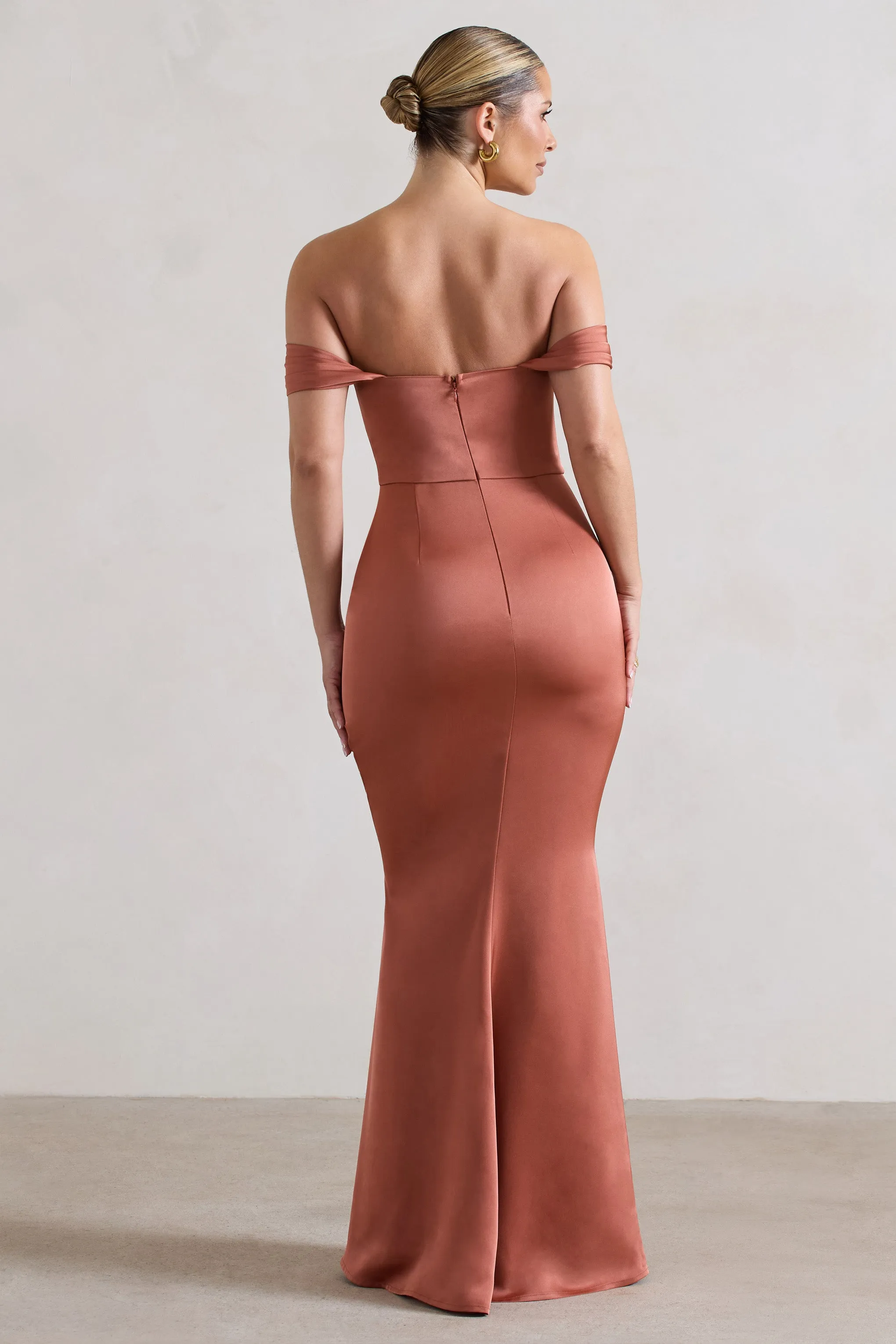 Katia | Rust Satin Bardot Fishtail Maxi Dress