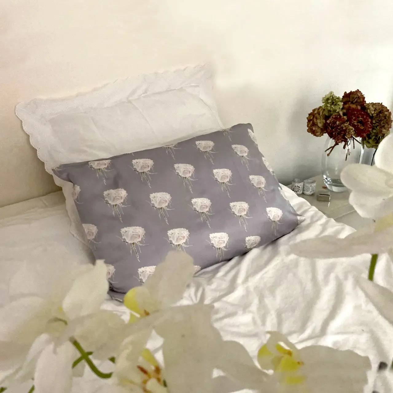 Lavender With White Roses Silk Pillowcase