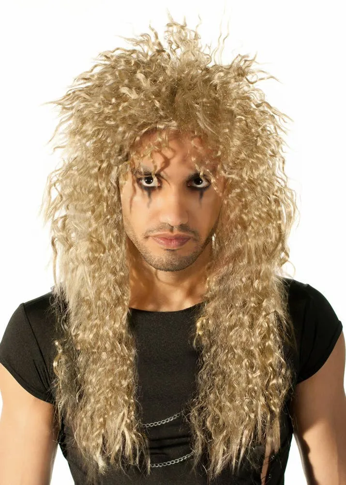 Long 1980s Crimped Blonde Rocker Mens Costume Wig