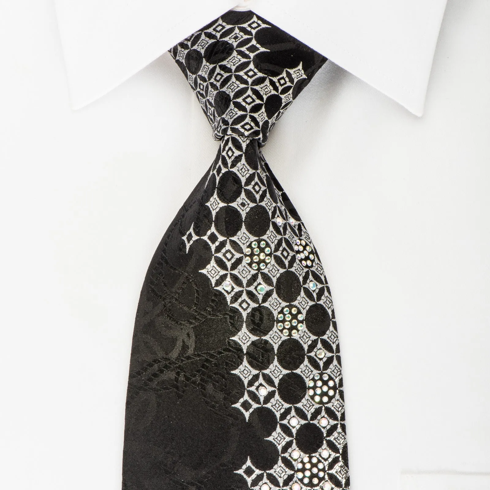 Ludovica Rhinestone Silk Necktie Silver Geometric On Black With Silver Sparkles