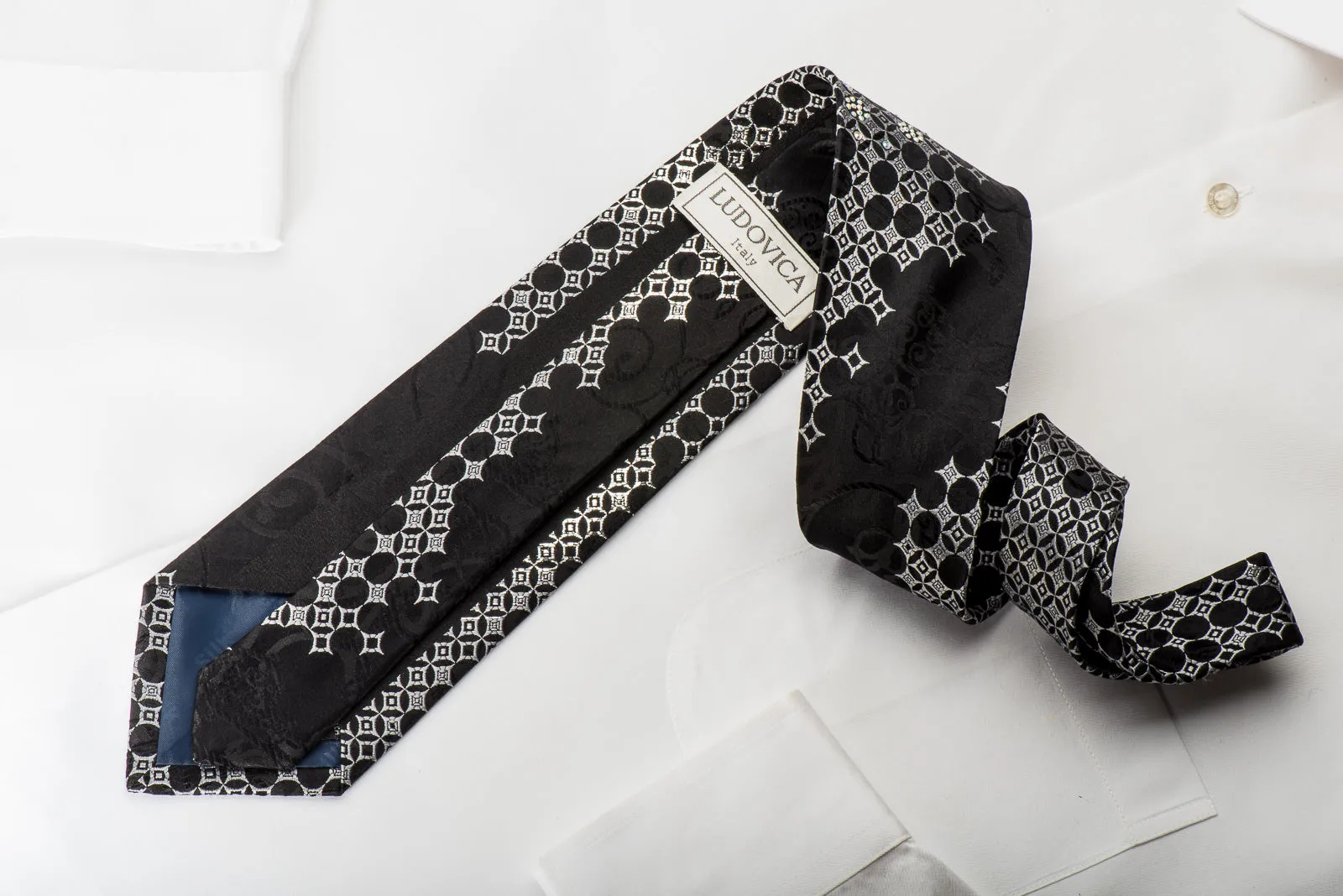 Ludovica Rhinestone Silk Necktie Silver Geometric On Black With Silver Sparkles