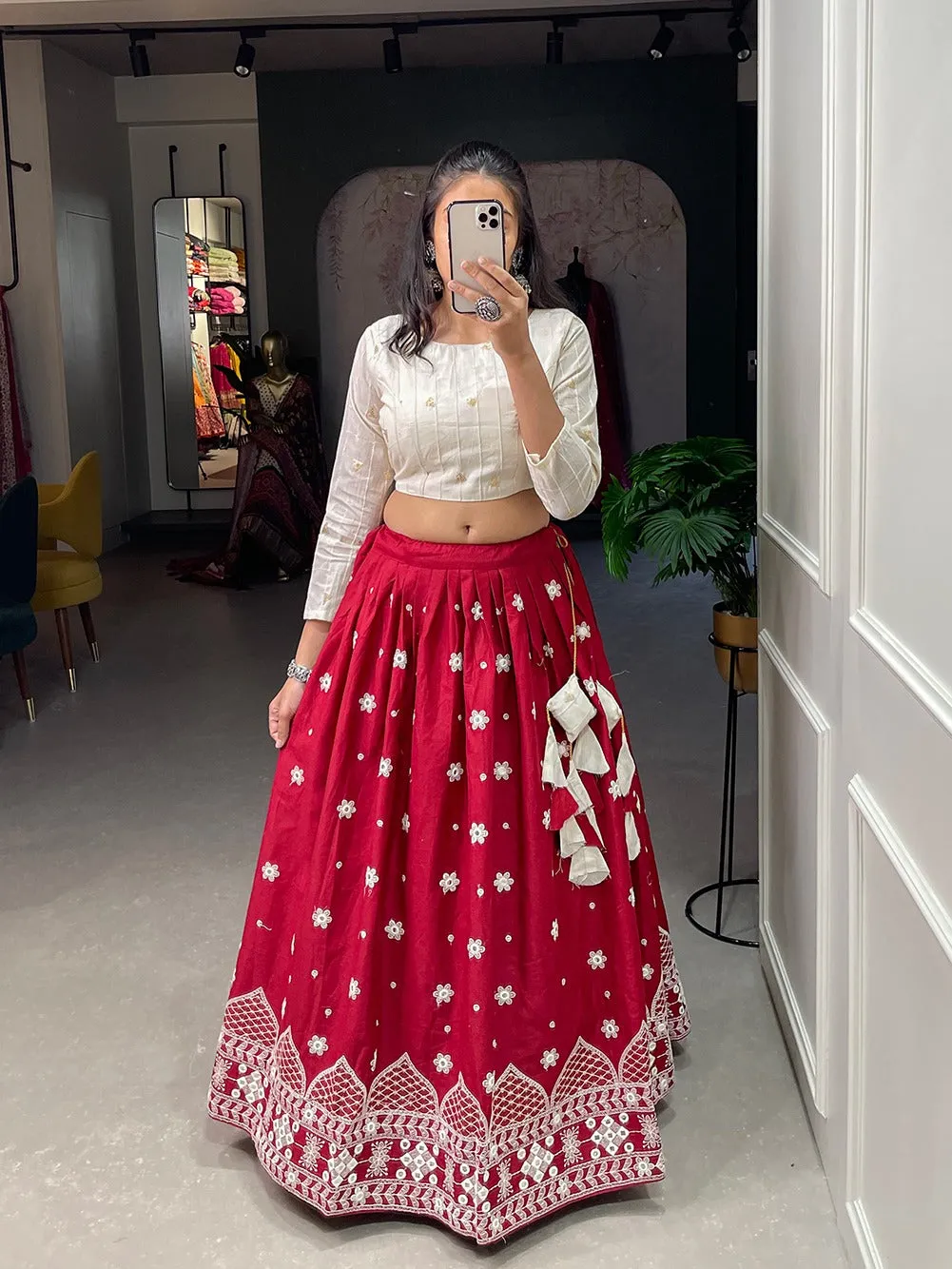 Maroon Color Pure Cotton Lucknowi Work Crop Top Lehenga Choli