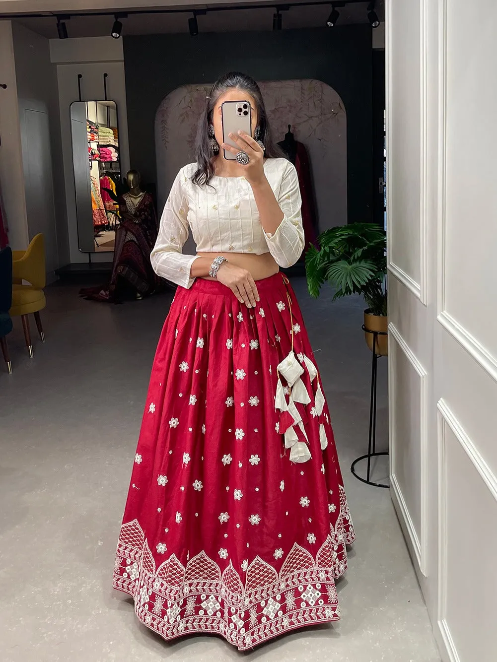 Maroon Color Pure Cotton Lucknowi Work Crop Top Lehenga Choli