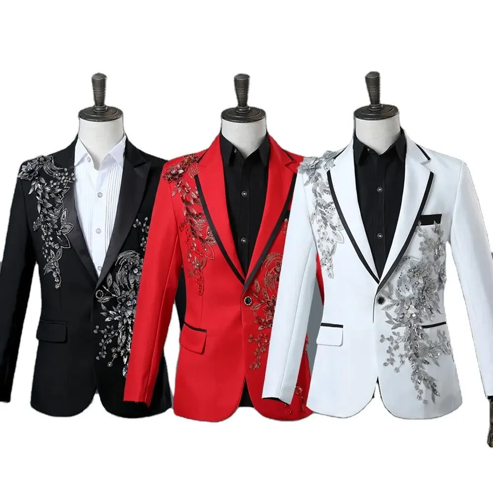 Mens 2 Piece Formal Embroidered Smart Fit Suit Flashing Sequins Crystal Blazers Coat Prom Party Tuxedo Costume Wedding Outfit