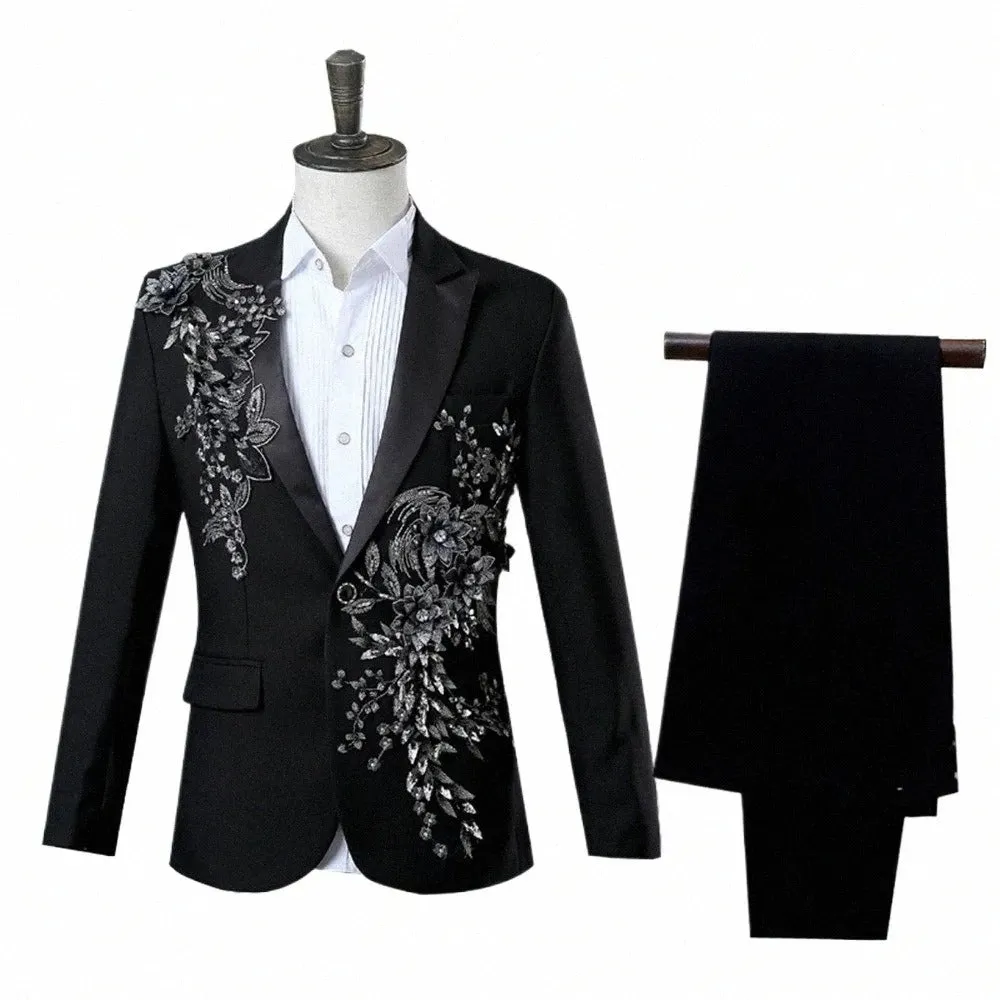 Mens 2 Piece Formal Embroidered Smart Fit Suit Flashing Sequins Crystal Blazers Coat Prom Party Tuxedo Costume Wedding Outfit