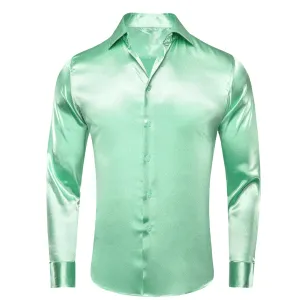 Mint Green Satin Silk Men's Long Sleeve Shirt