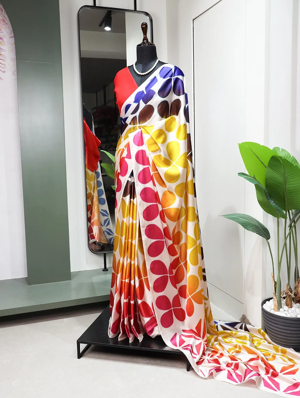 Multicolor Bewitching Satin Printed Saree for the Style-Conscious Woman