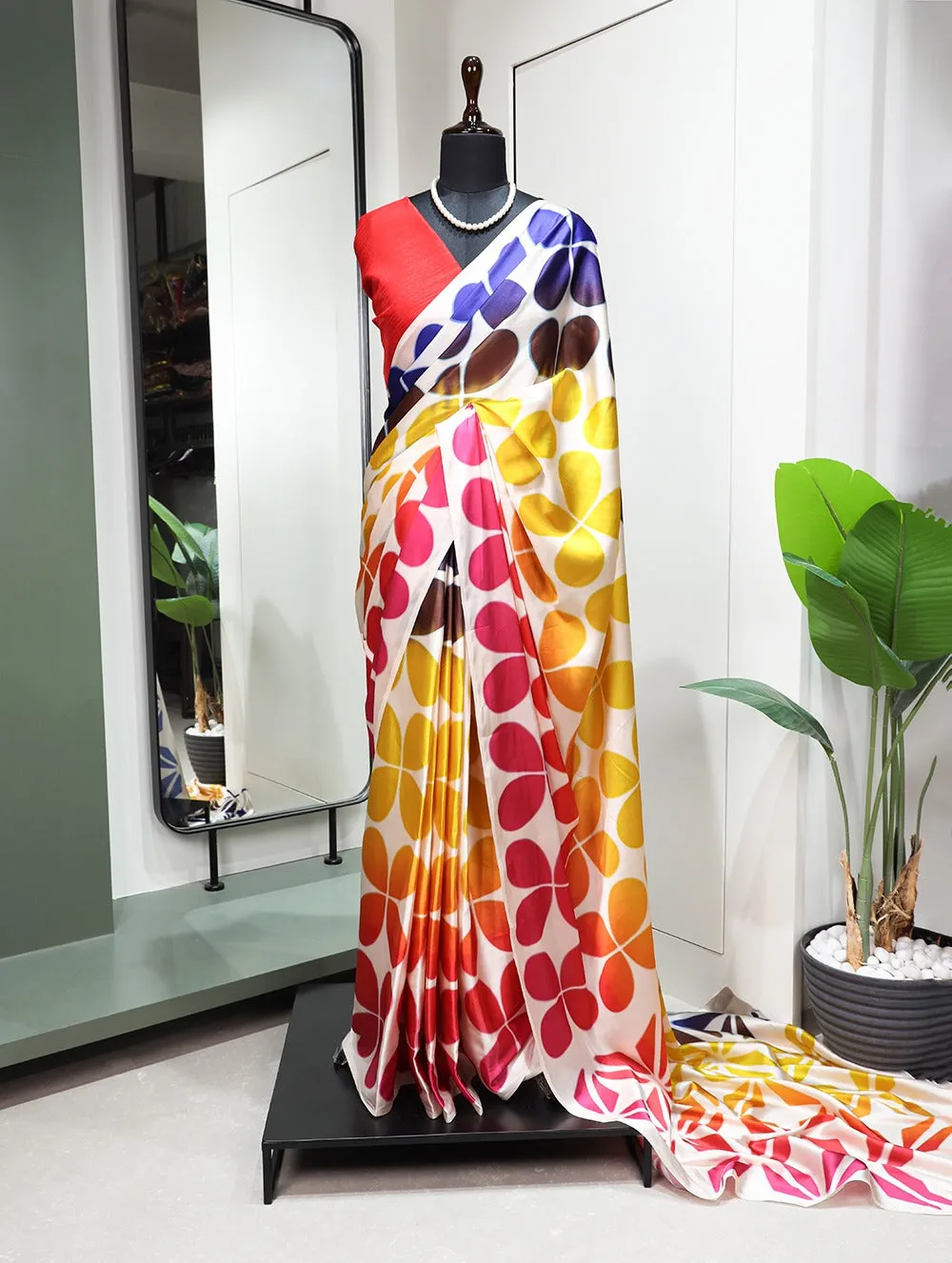 Multicolor Bewitching Satin Printed Saree for the Style-Conscious Woman