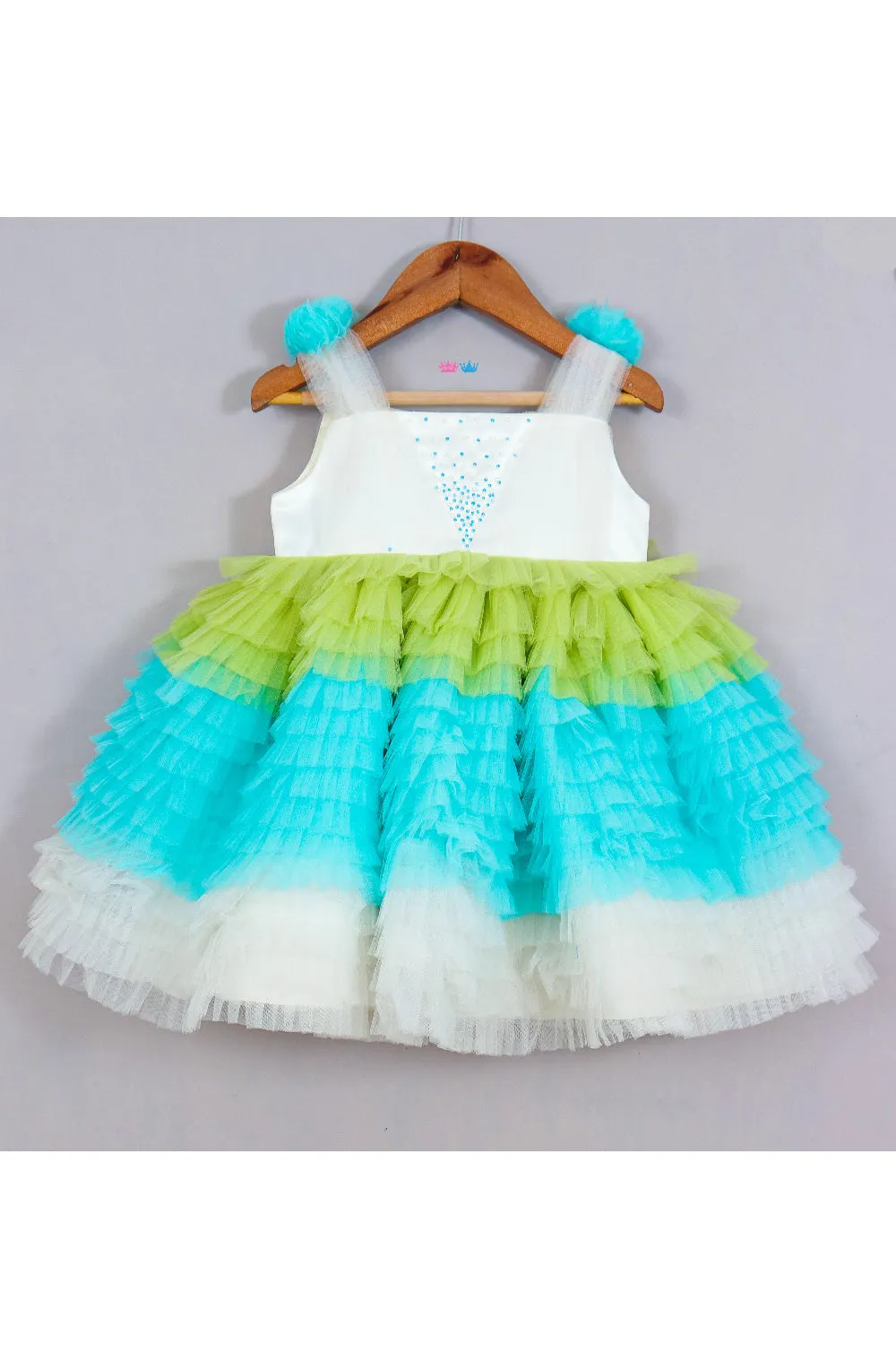 Multicolor Embroidered Frill Net Dress