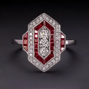 NATURAL DIAMOND RUBY VINTAGE STYLE RING ART DECO GEOMETRIC COCKTAIL 14K CALIBRE