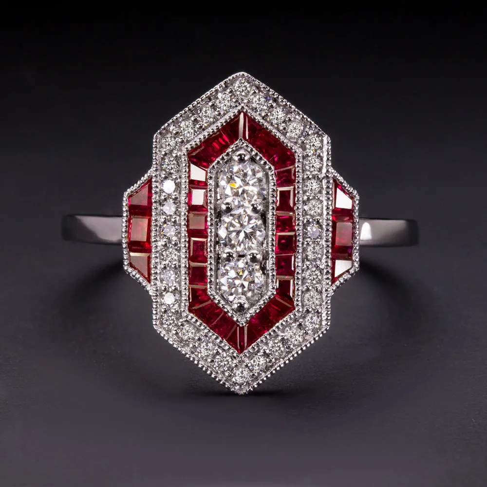 NATURAL DIAMOND RUBY VINTAGE STYLE RING ART DECO GEOMETRIC COCKTAIL 14K CALIBRE