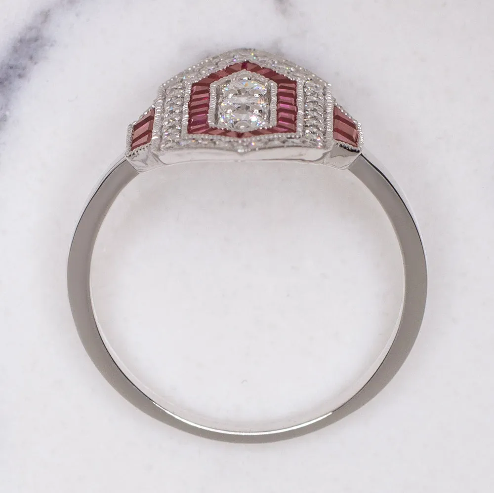 NATURAL DIAMOND RUBY VINTAGE STYLE RING ART DECO GEOMETRIC COCKTAIL 14K CALIBRE