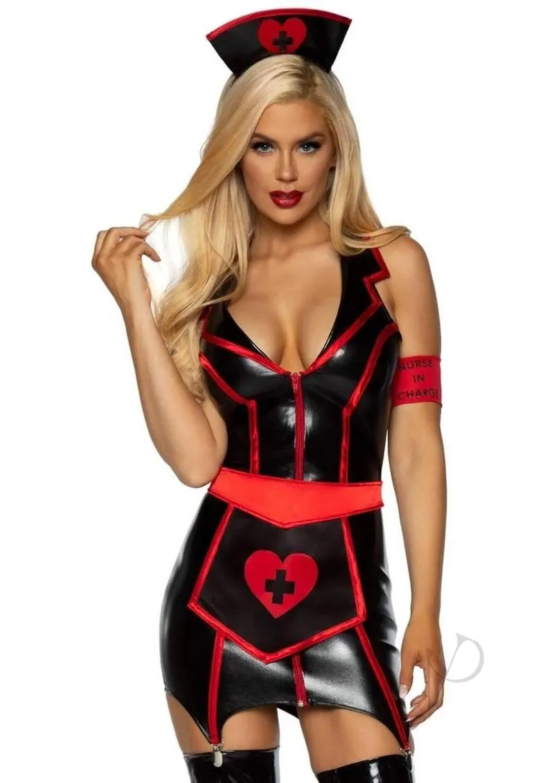 Naughty Nurse Wet Look 4pc Md Blk/red