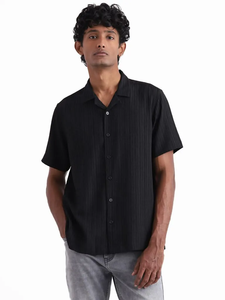 Nuon Charcoal Black Embroidered Cotton Slim-Fit Shirt