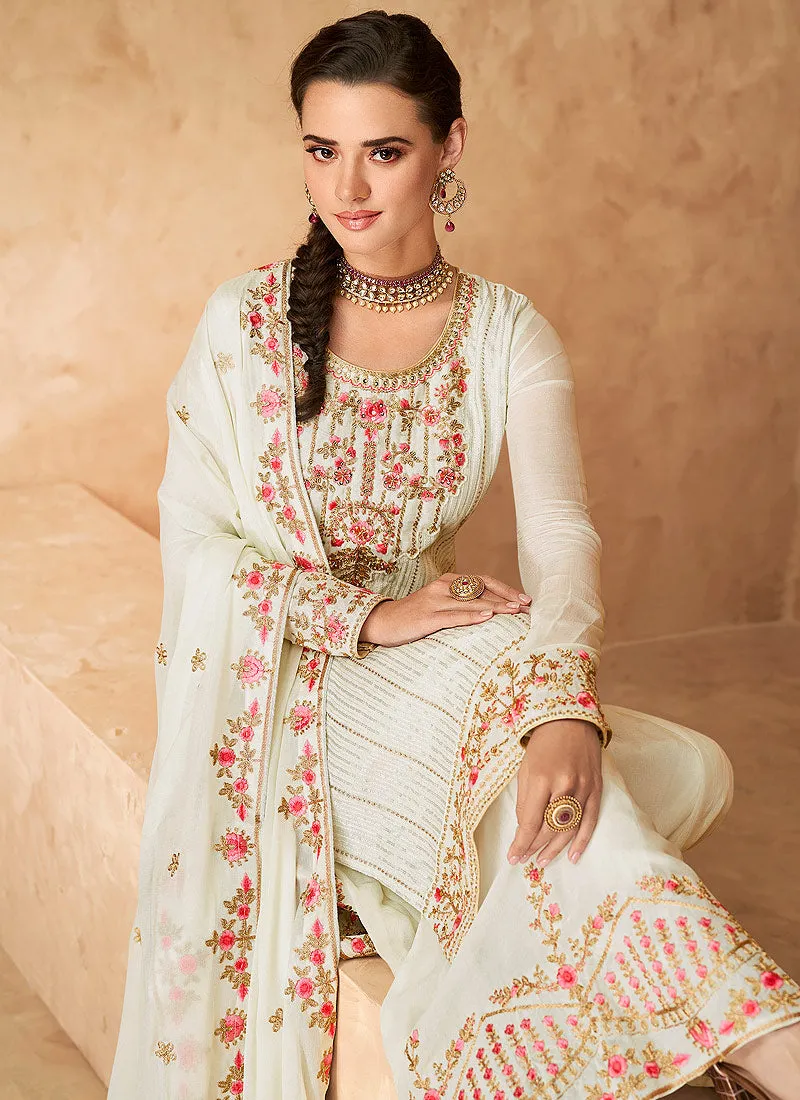 Off White Multi Golden Embroidered Designer Gharara Suit