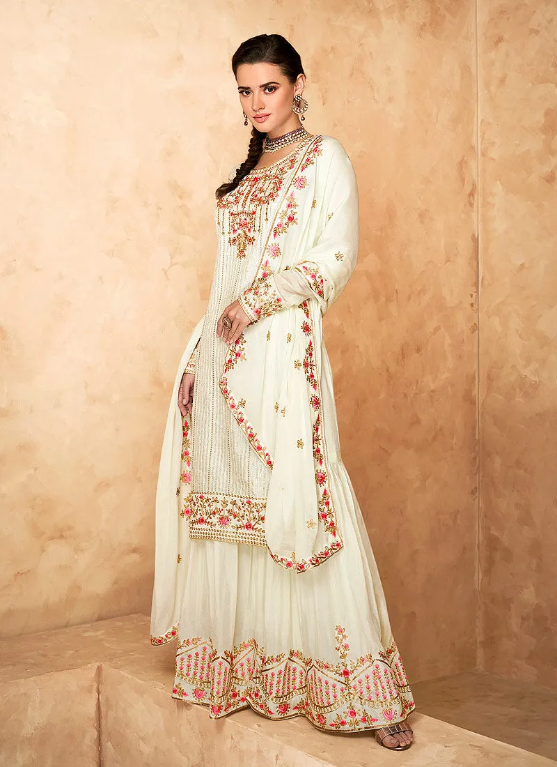 Off White Multi Golden Embroidered Designer Gharara Suit