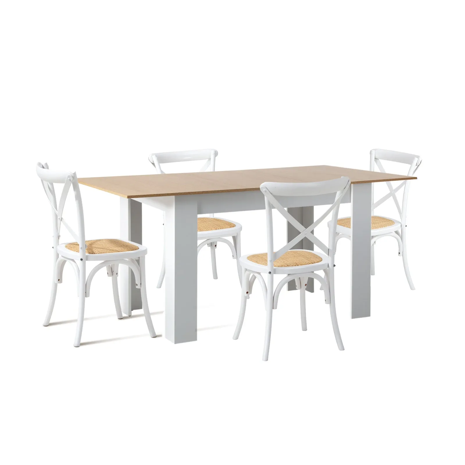 Oikiture 160cm Extendable Dining Table with 4PCS Dining Chairs Crossback White