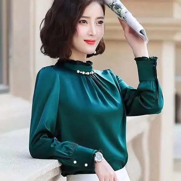 Pearls Long Sleeve Elegant Satin Blouse