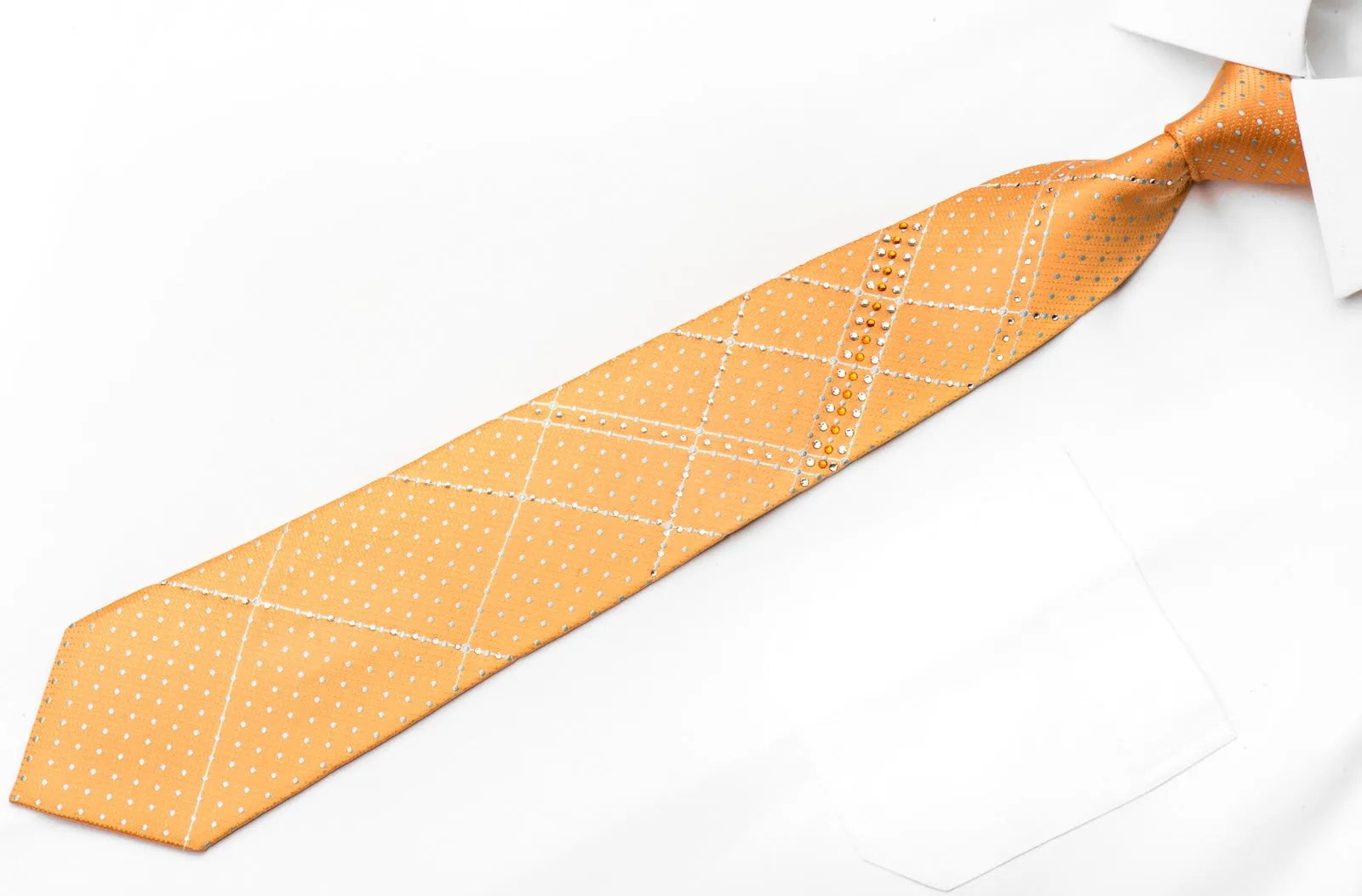 Pierre Cardin Men's Silk Rhinestone Necktie Silver Dots On Orange With Sparkles