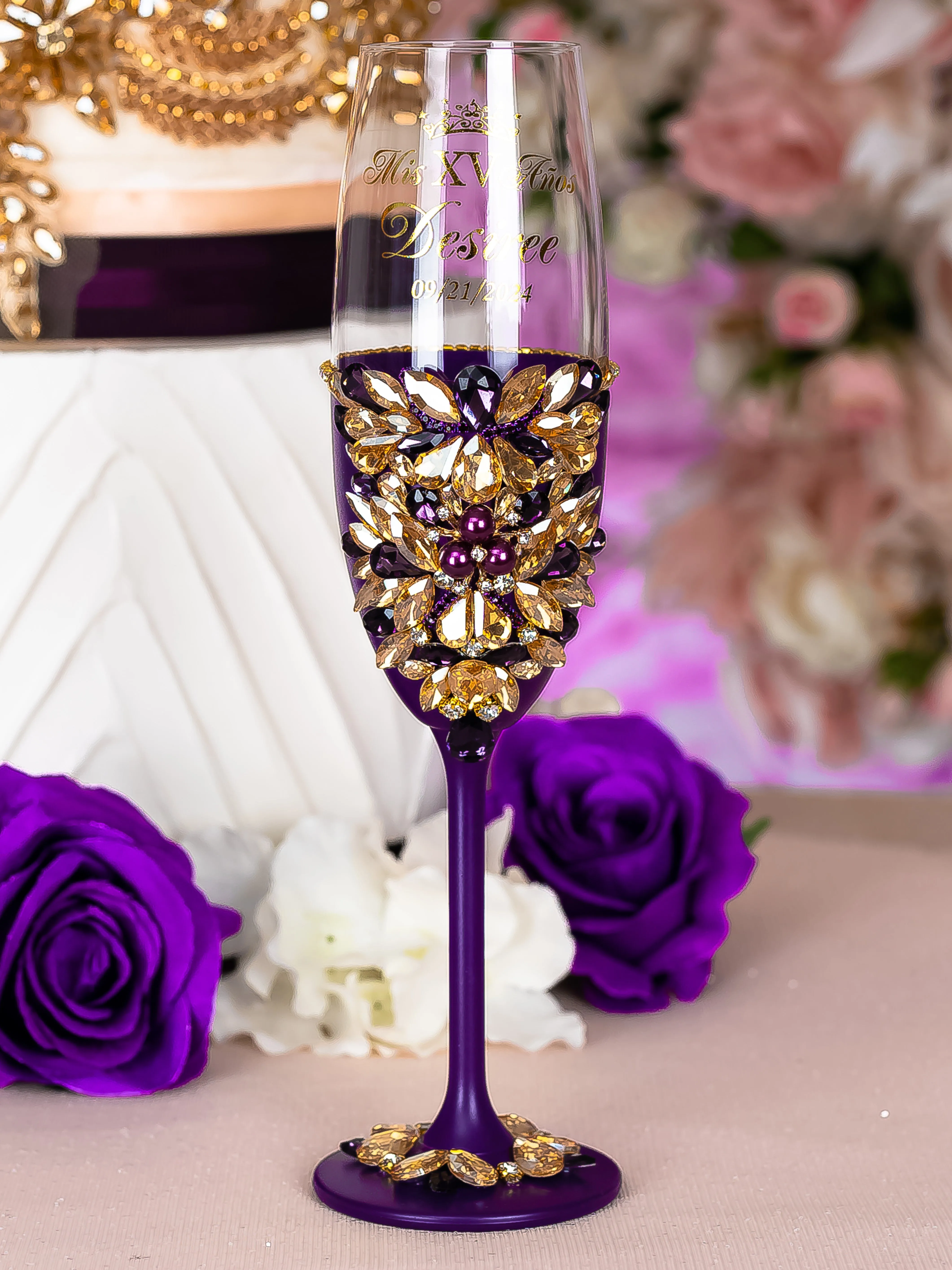 Purple Gold Quinceanera Brindis Package with Bottle