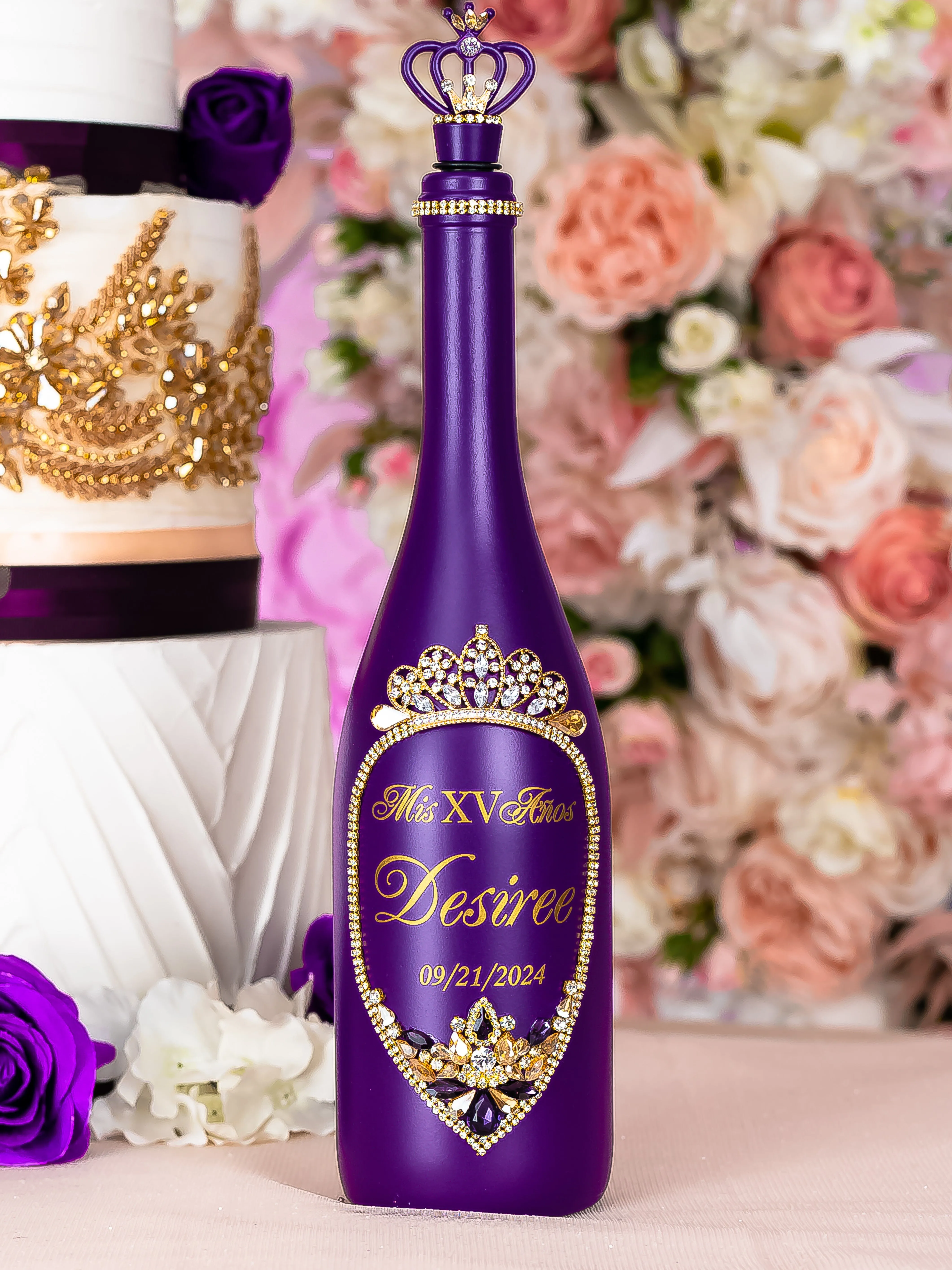 Purple Gold Quinceanera Brindis Package with Bottle