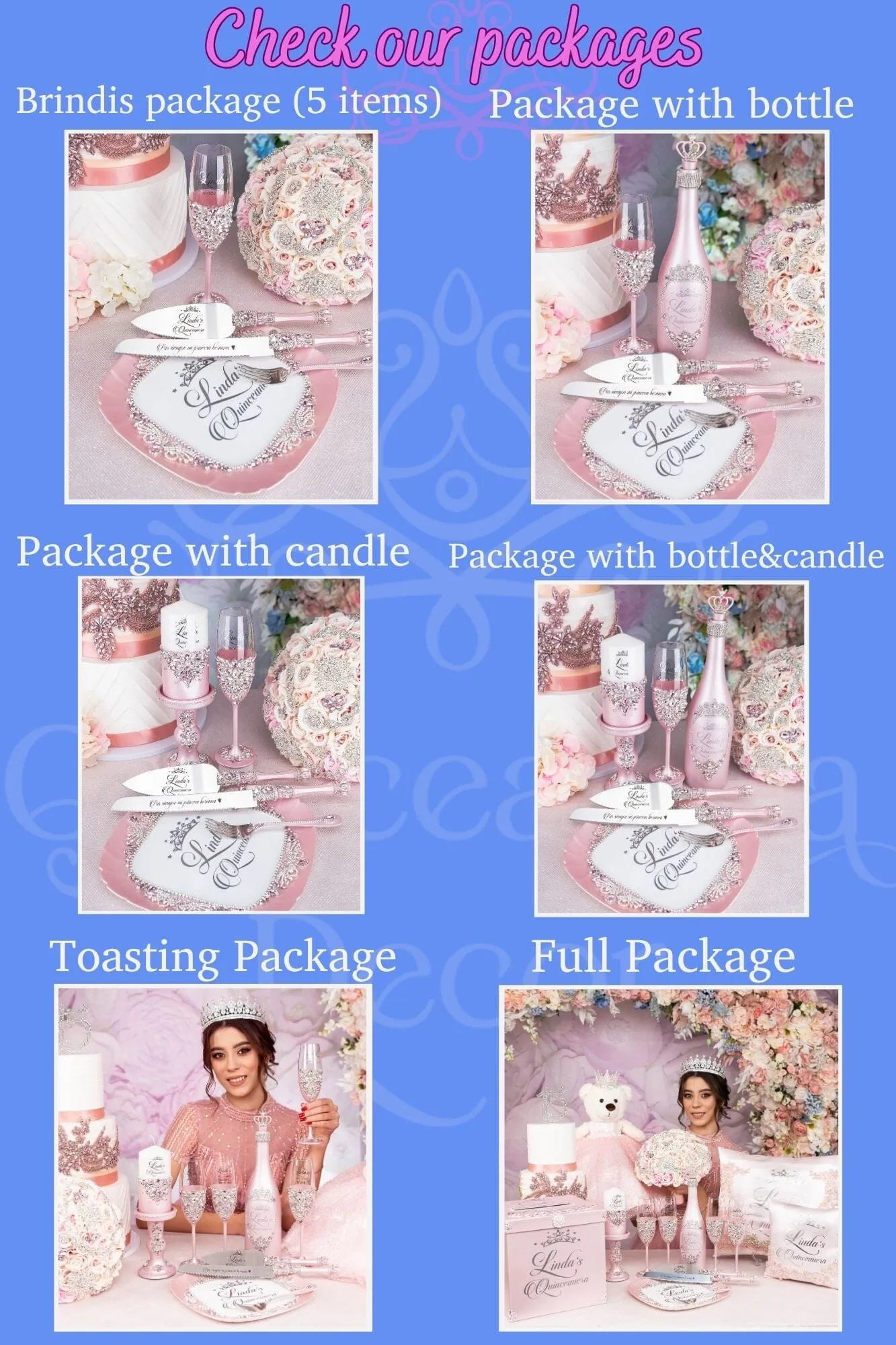 Purple Gold Quinceanera Brindis Package with Bottle