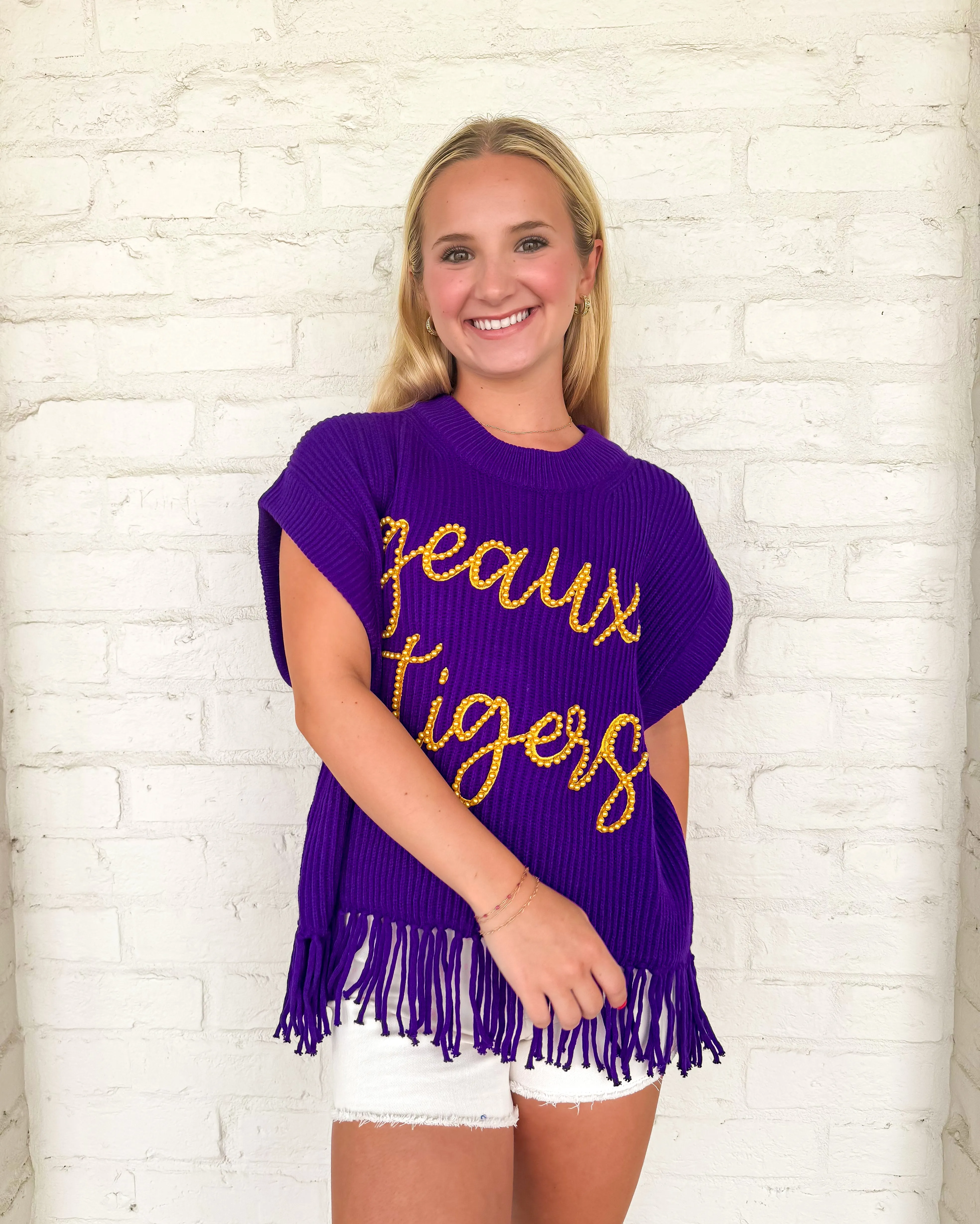 Queen Of Sparkles Purple & Gold Geaux Tigers Fringe Sweater Vest