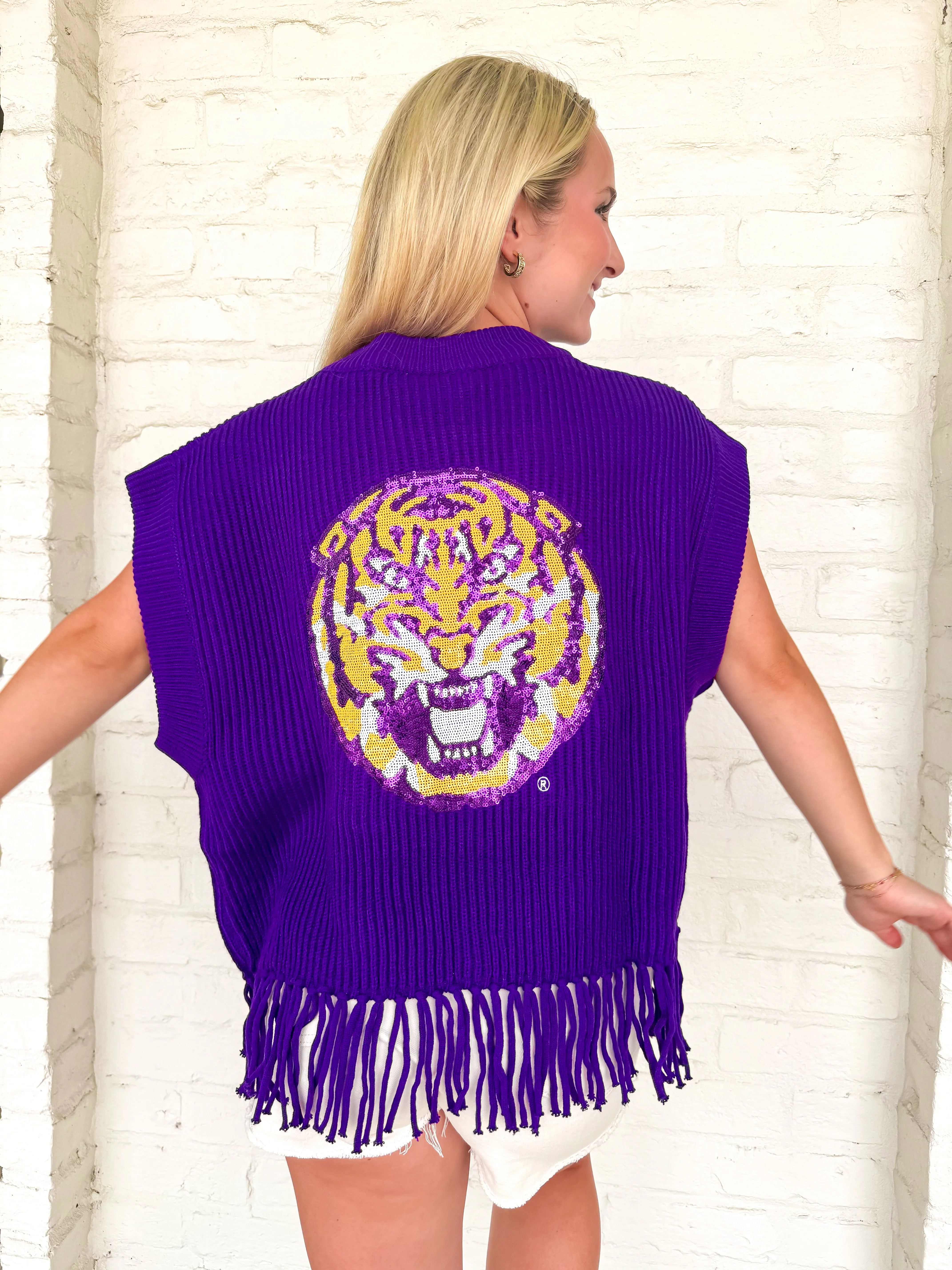 Queen Of Sparkles Purple & Gold Geaux Tigers Fringe Sweater Vest