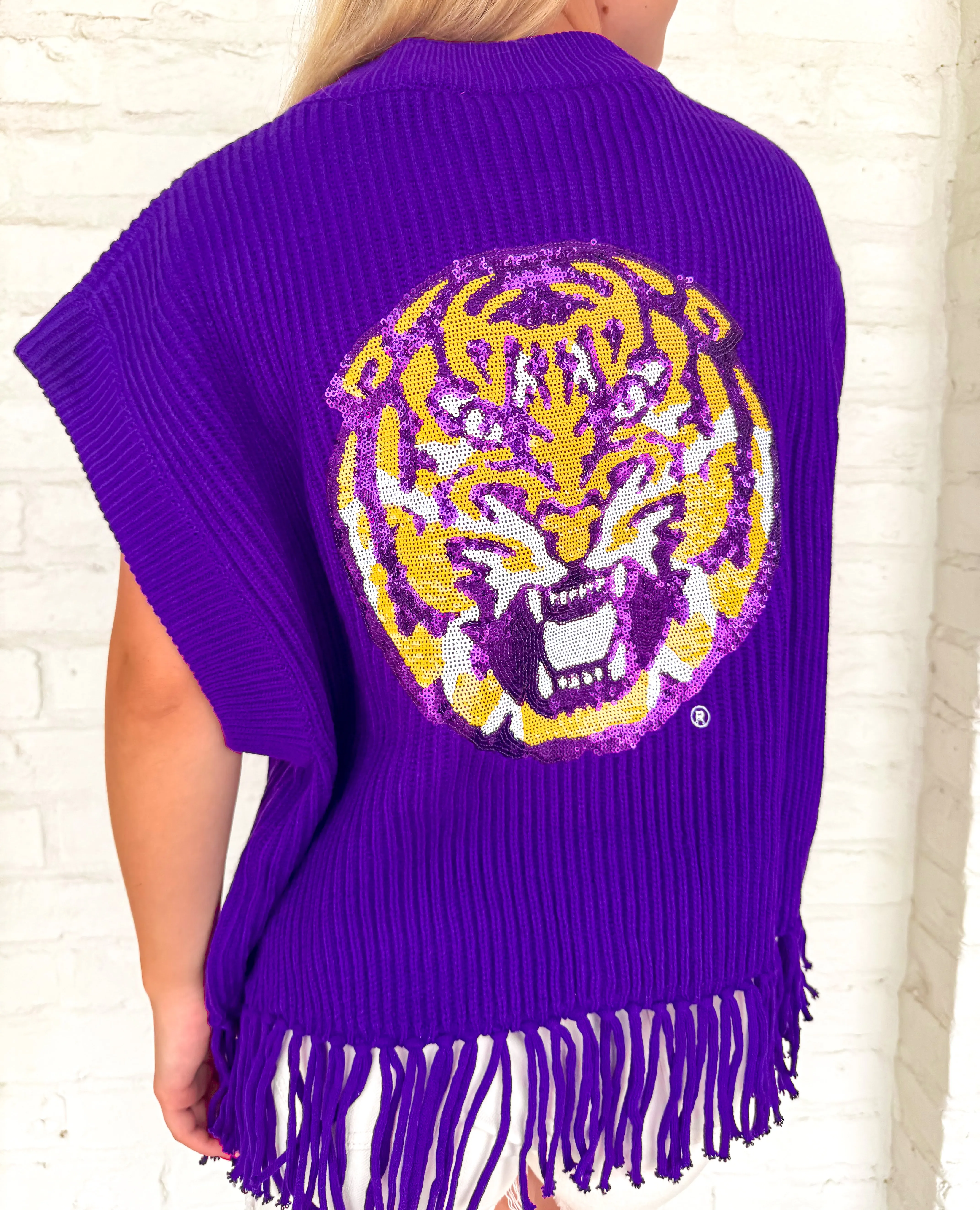 Queen Of Sparkles Purple & Gold Geaux Tigers Fringe Sweater Vest