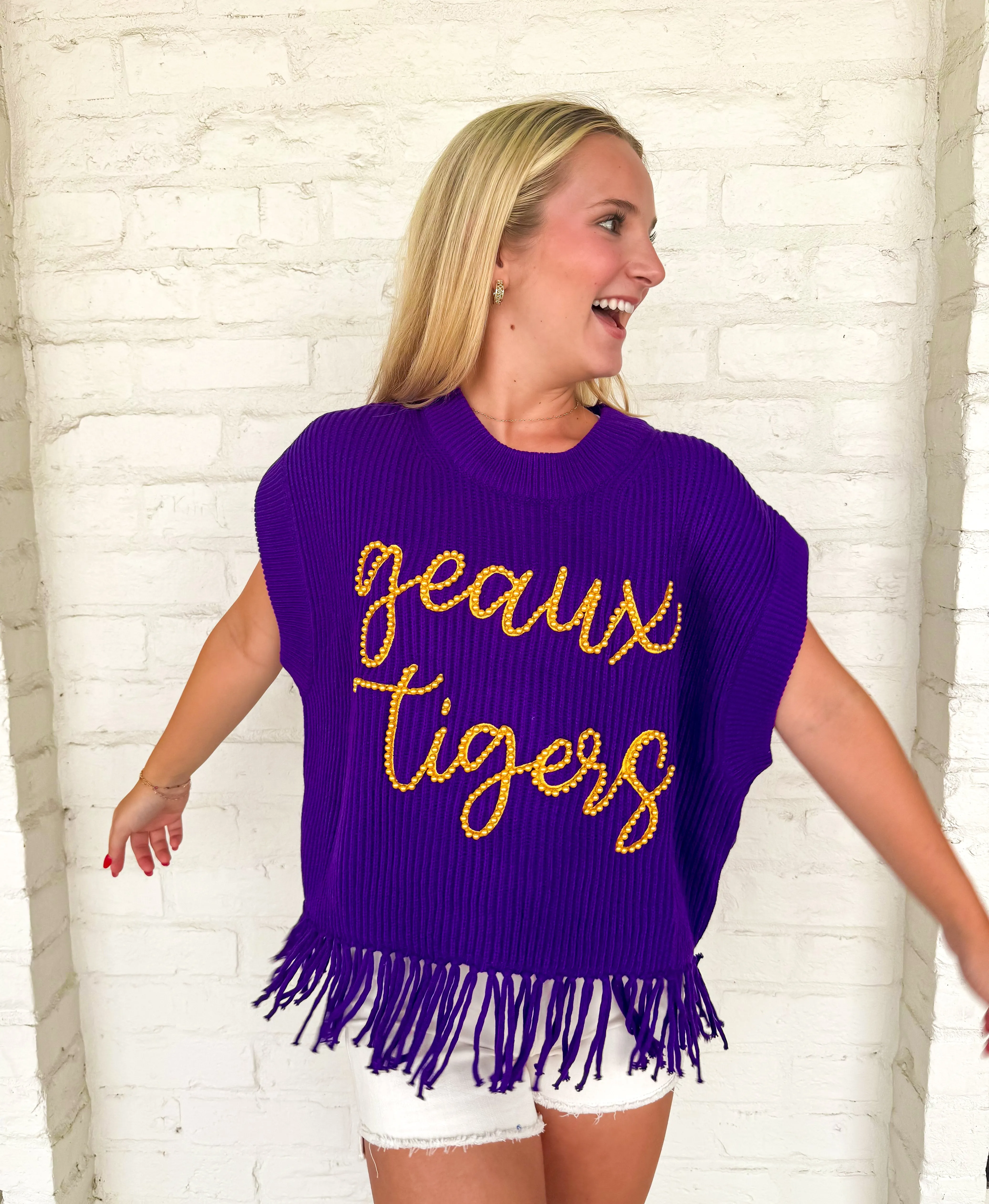 Queen Of Sparkles Purple & Gold Geaux Tigers Fringe Sweater Vest