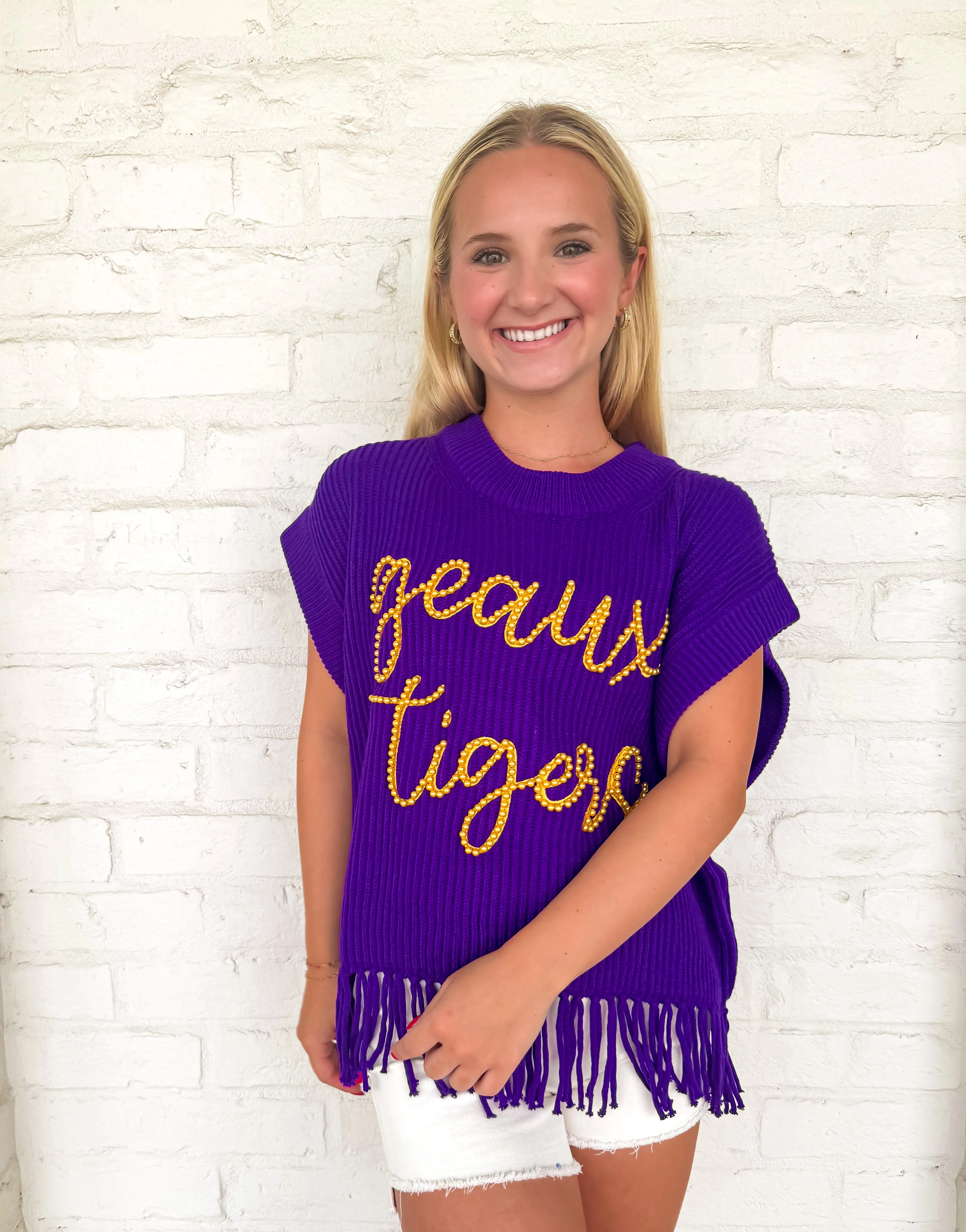 Queen Of Sparkles Purple & Gold Geaux Tigers Fringe Sweater Vest