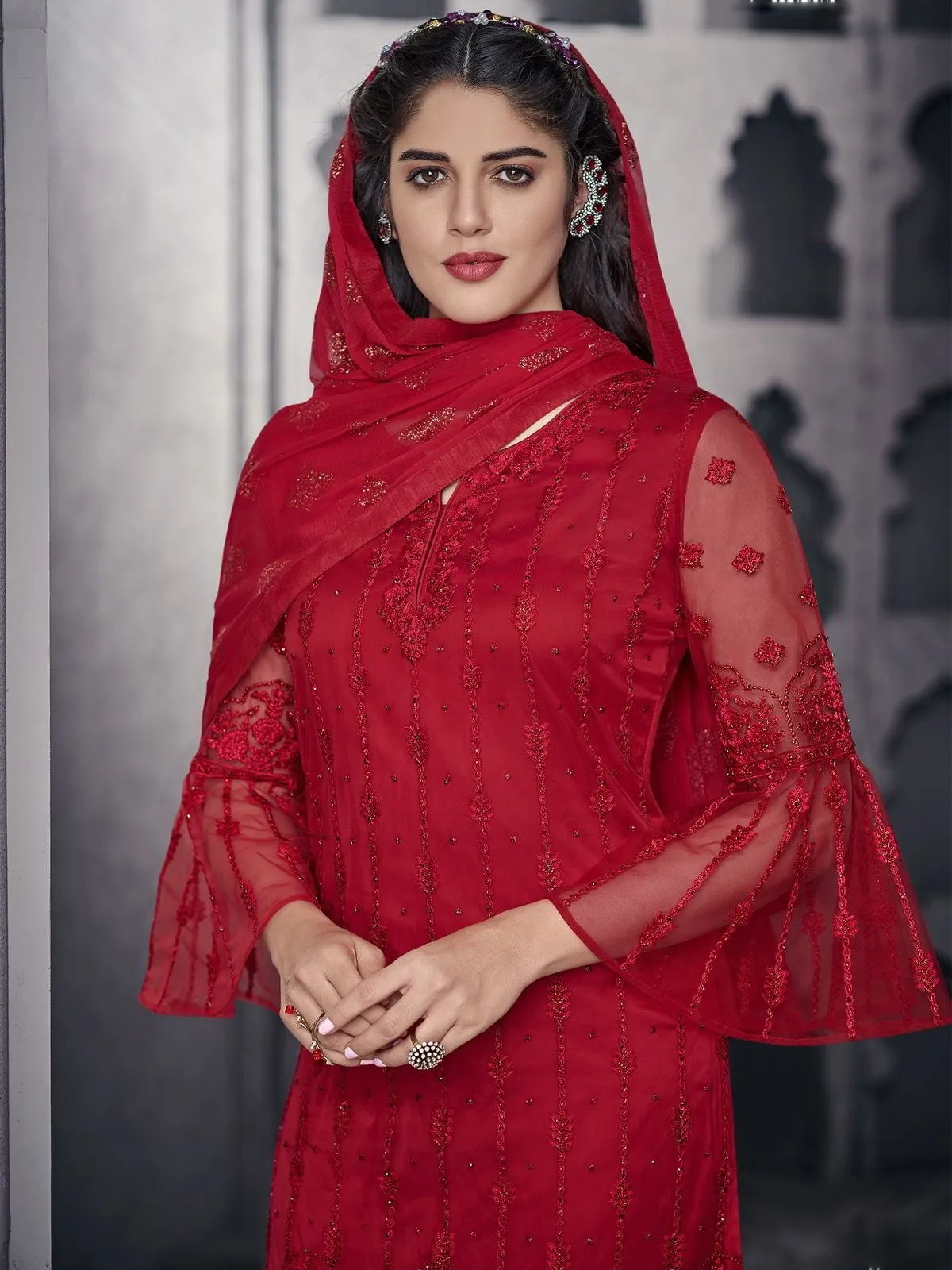 Red All Ethnic Embroidered Pakistani Pant Suit