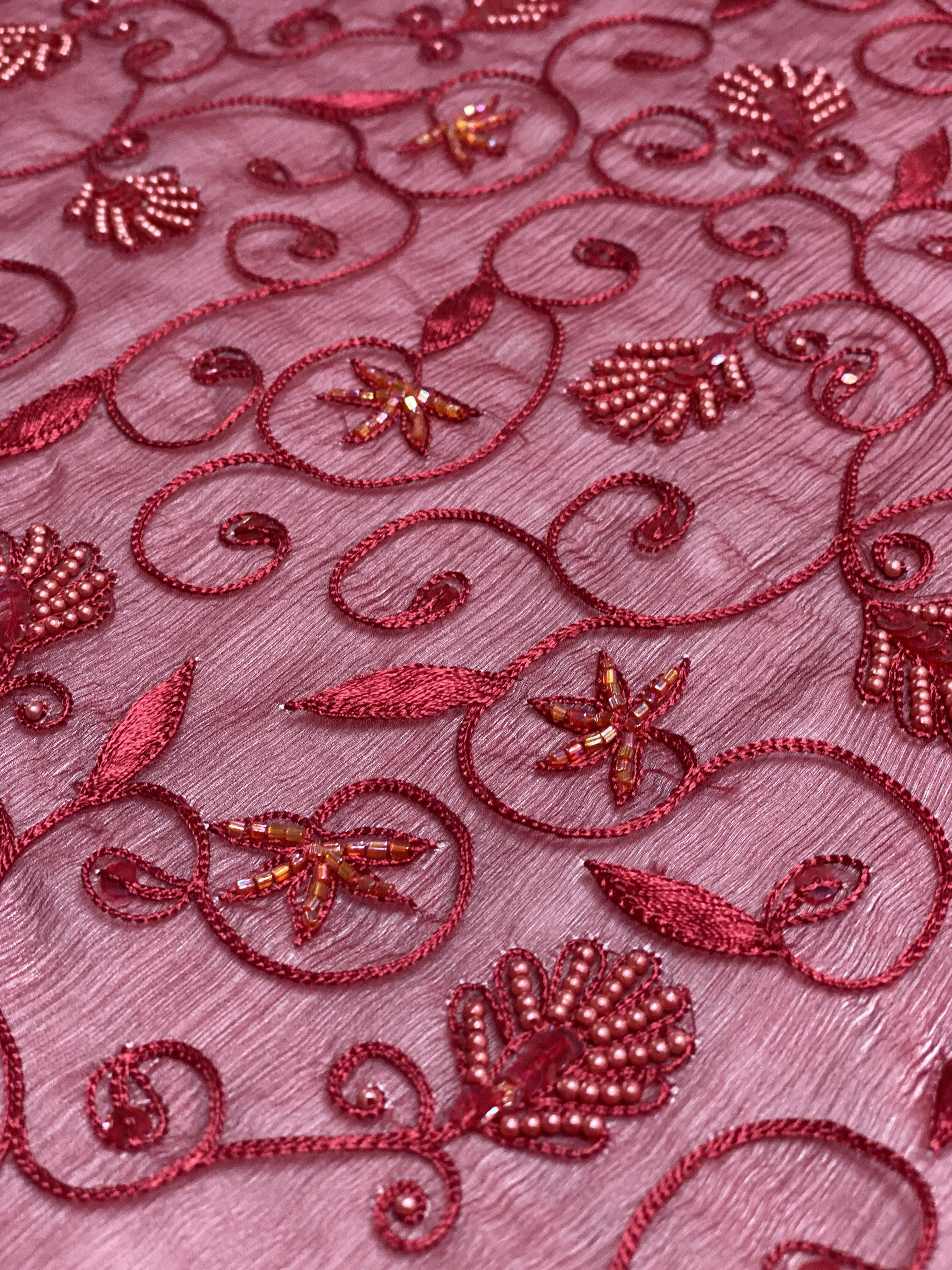 Red Sequin & Beads On Silk Chiffon JEC-126-3 Fabric