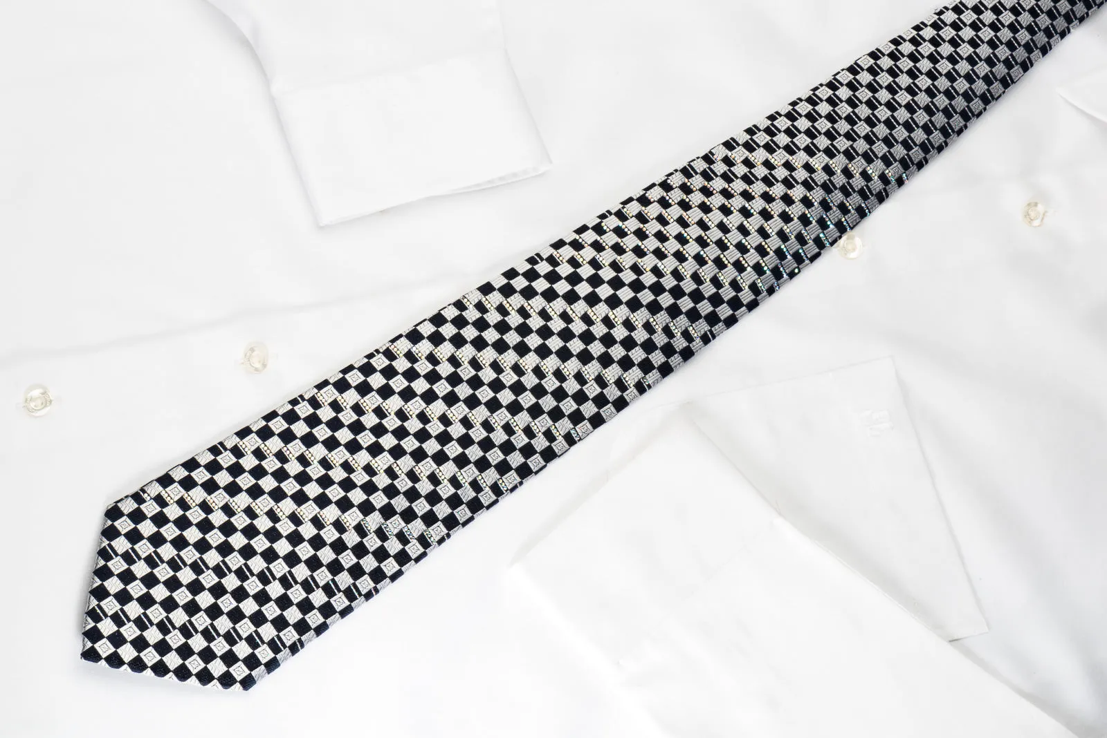 Renoma Silk Rhinestone Necktie Silver Blue Checker with Silver Sparkles