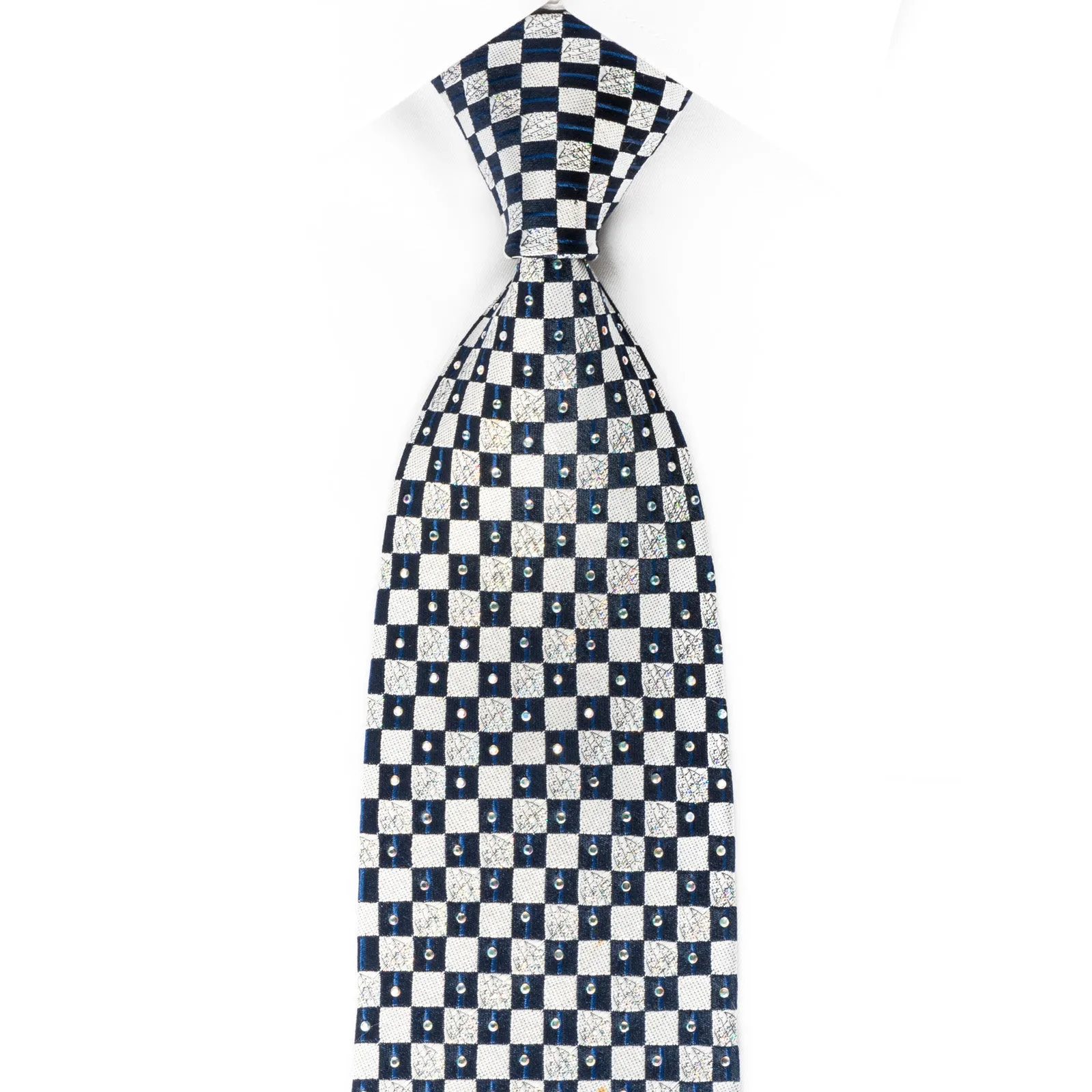 Renoma Silk Rhinestone Necktie Silver Blue Checker with Silver Sparkles