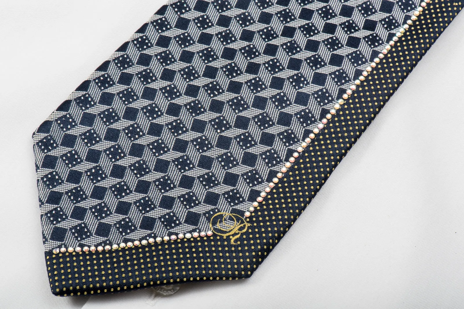 Renoma Silk Rhinestone Tie Silver Navy Geometric With Sparkles