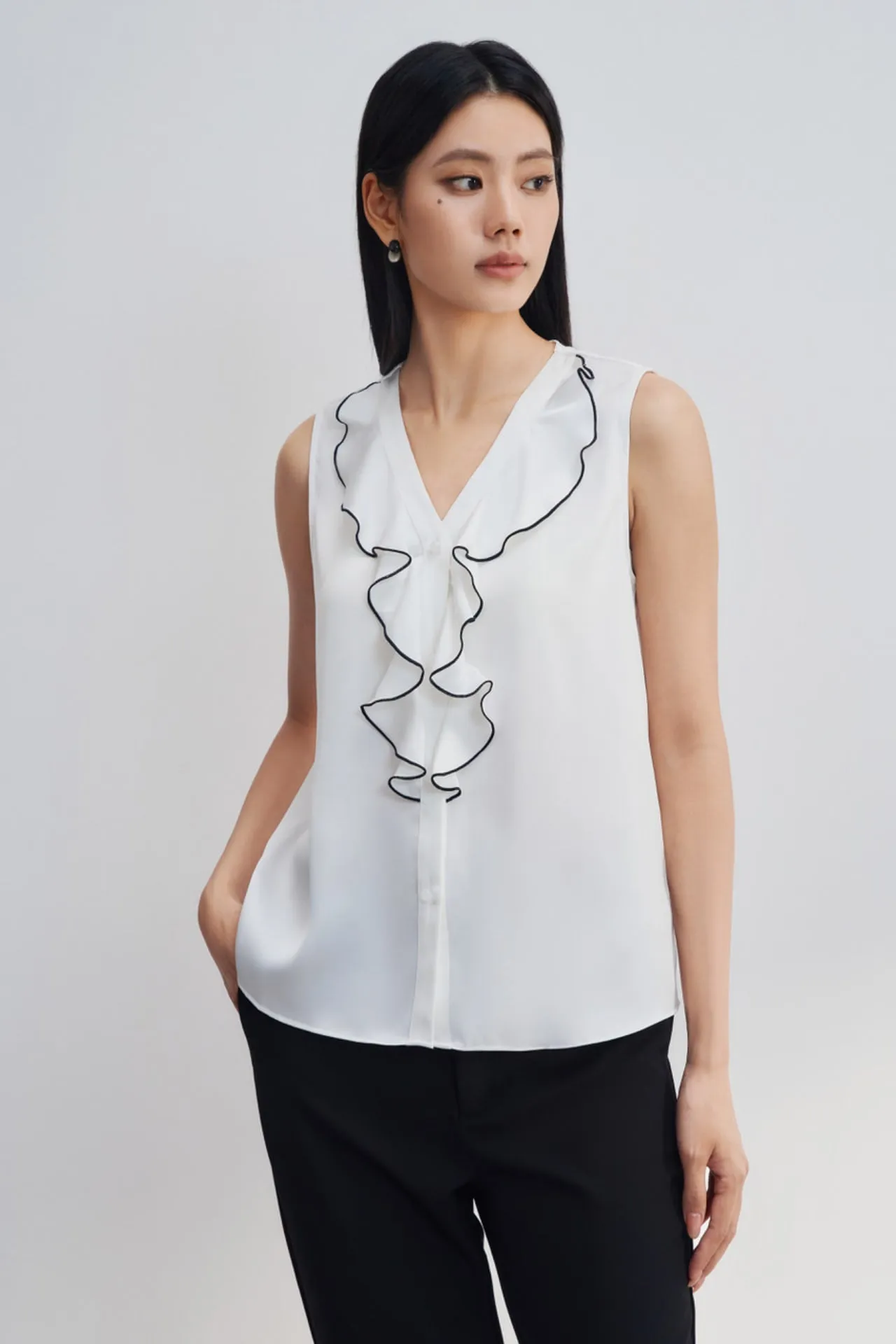 Satin V-Neck Ruffled Blouse