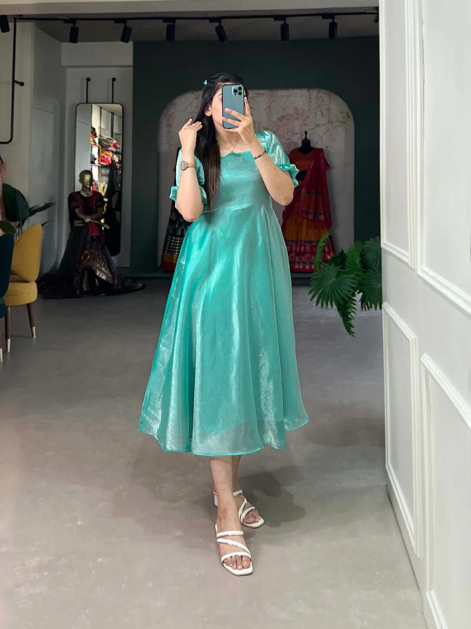 Sea Green Luxuriously Plain Burberry Silk Frock for Effortless Summer Elegance