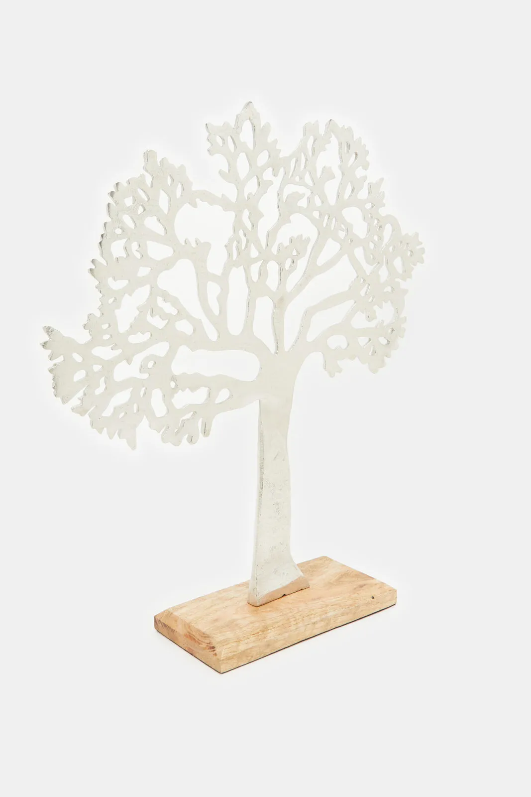 Silver Metal Tree Shaped Artefact With Wooden Base