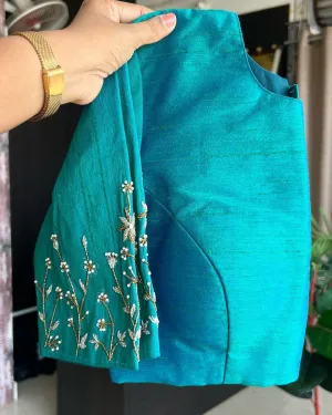 Sky Blue Elzara Silk Blouse with Beautiful Handwork on Sleeves